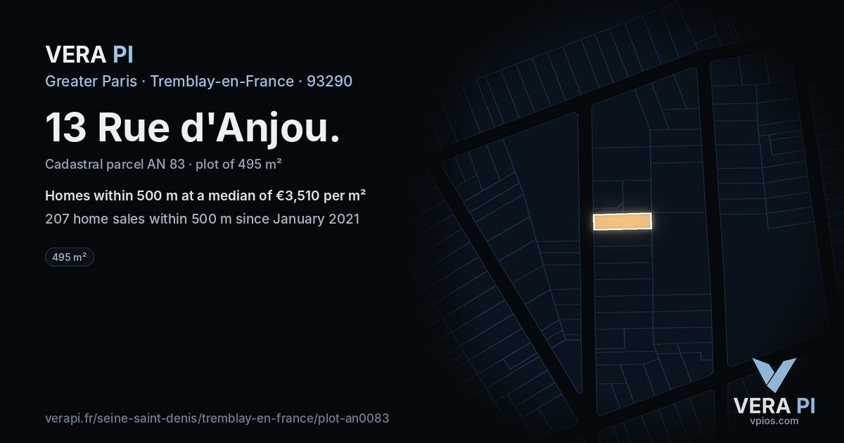13 Rue d'Anjou, Tremblay-en-France at night – the plot lit, the parcels around coloured by the prices near them