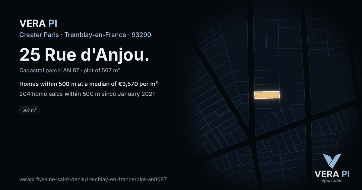 25 Rue d'Anjou, Tremblay-en-France at night – the plot lit, the parcels around coloured by the prices near them