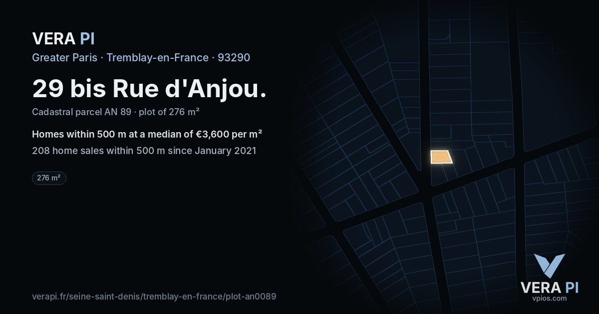 29 bis Rue d'Anjou, Tremblay-en-France at night – the plot lit, the parcels around coloured by the prices near them