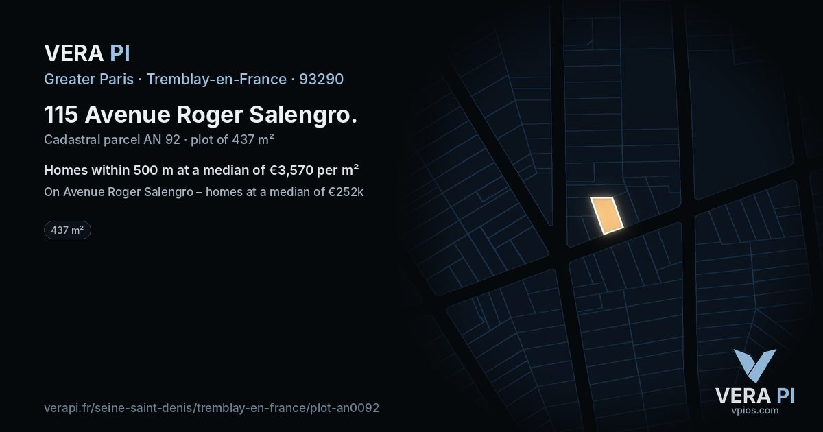 115 Avenue Roger Salengro, Tremblay-en-France at night – the plot lit, the parcels around coloured by the prices near them