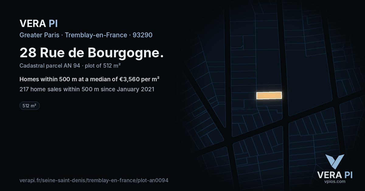 28 Rue de Bourgogne, Tremblay-en-France at night – the plot lit, the parcels around coloured by the prices near them