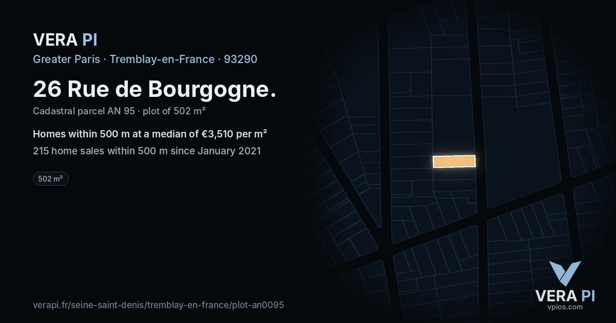 26 Rue de Bourgogne, Tremblay-en-France at night – the plot lit, the parcels around coloured by the prices near them