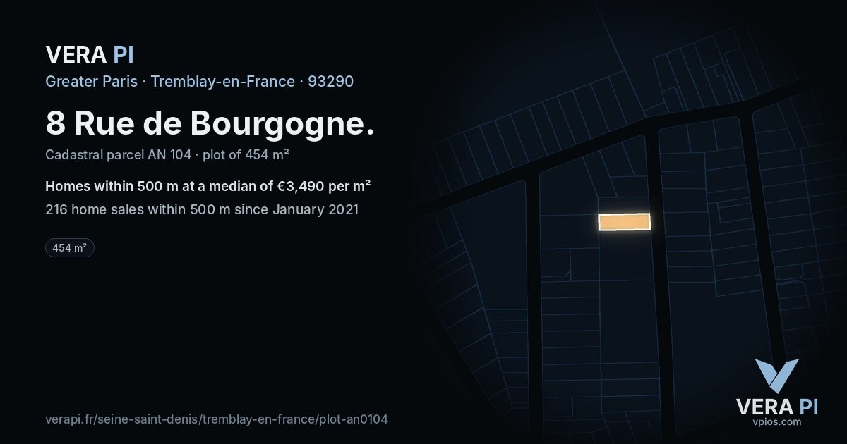 8 Rue de Bourgogne, Tremblay-en-France at night – the plot lit, the parcels around coloured by the prices near them