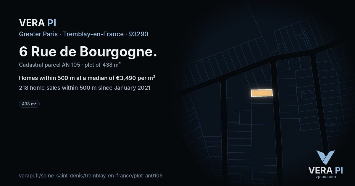 6 Rue de Bourgogne, Tremblay-en-France at night – the plot lit, the parcels around coloured by the prices near them