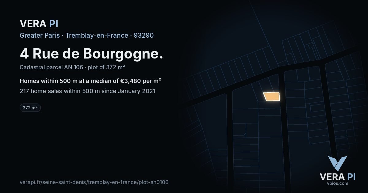 4 Rue de Bourgogne, Tremblay-en-France at night – the plot lit, the parcels around coloured by the prices near them