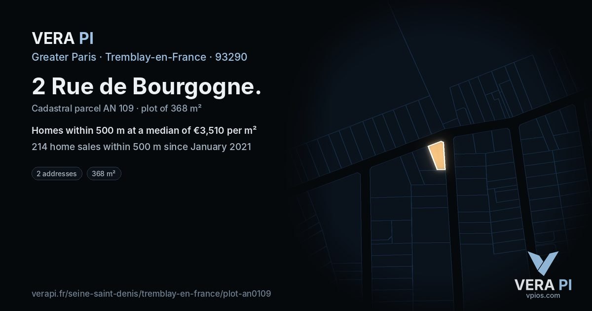 2 Rue de Bourgogne, Tremblay-en-France at night – the plot lit, the parcels around coloured by the prices near them