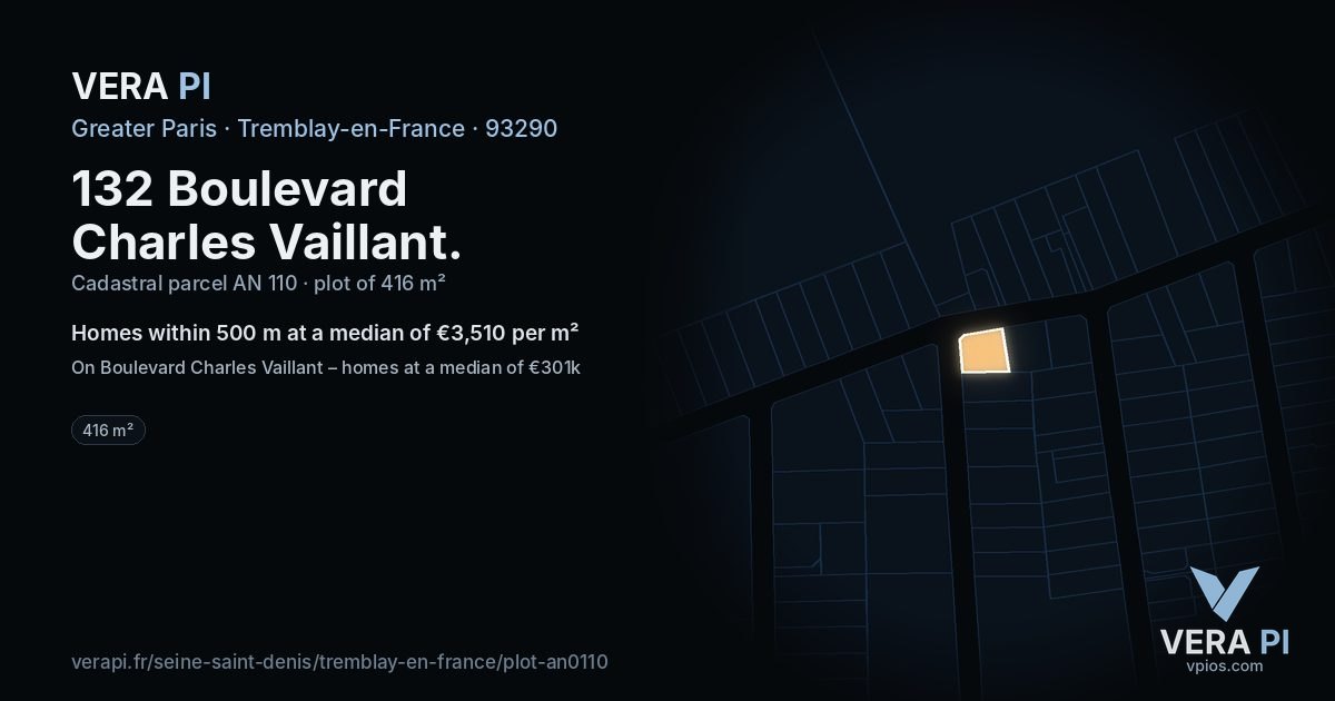132 Boulevard Charles Vaillant, Tremblay-en-France at night – the plot lit, the parcels around coloured by the prices near them