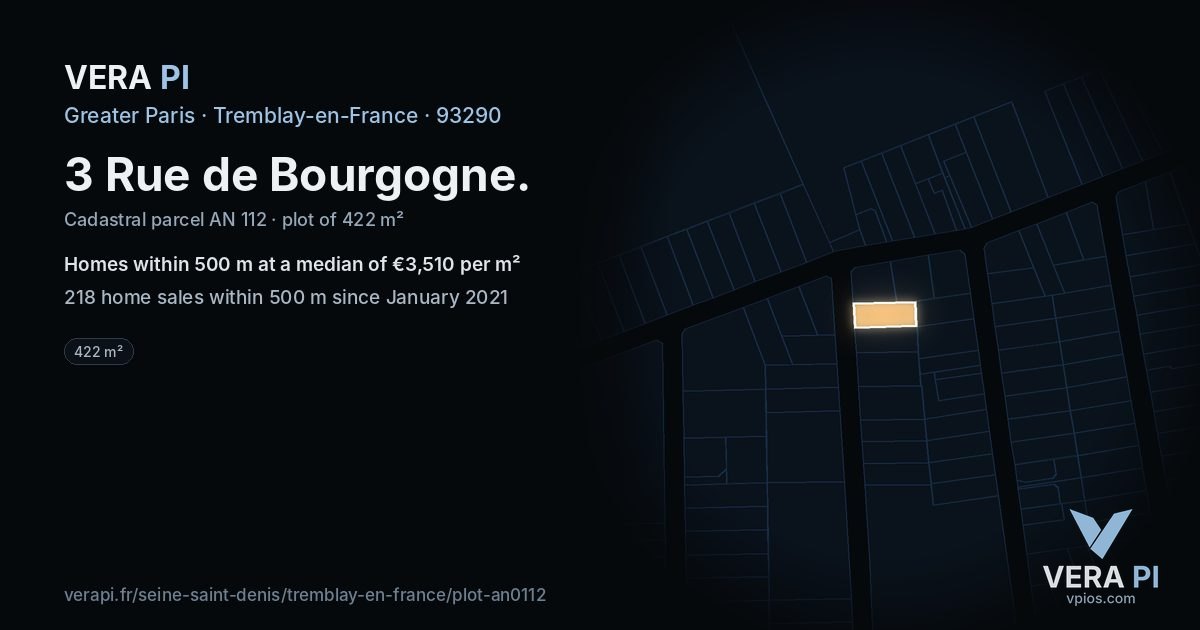 3 Rue de Bourgogne, Tremblay-en-France at night – the plot lit, the parcels around coloured by the prices near them