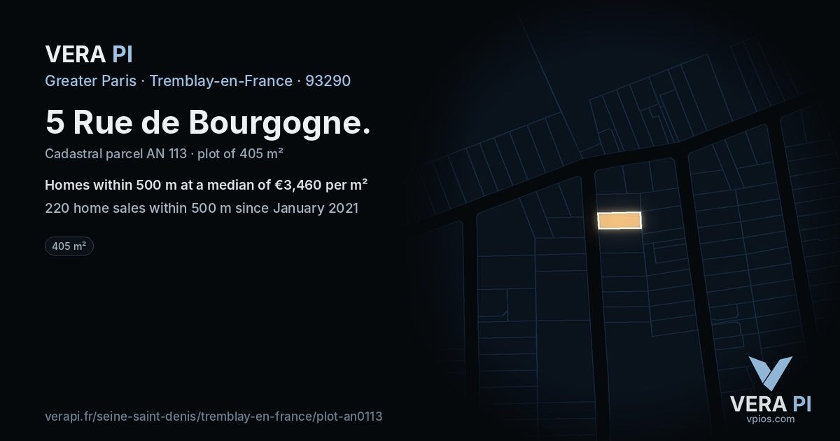 5 Rue de Bourgogne, Tremblay-en-France at night – the plot lit, the parcels around coloured by the prices near them
