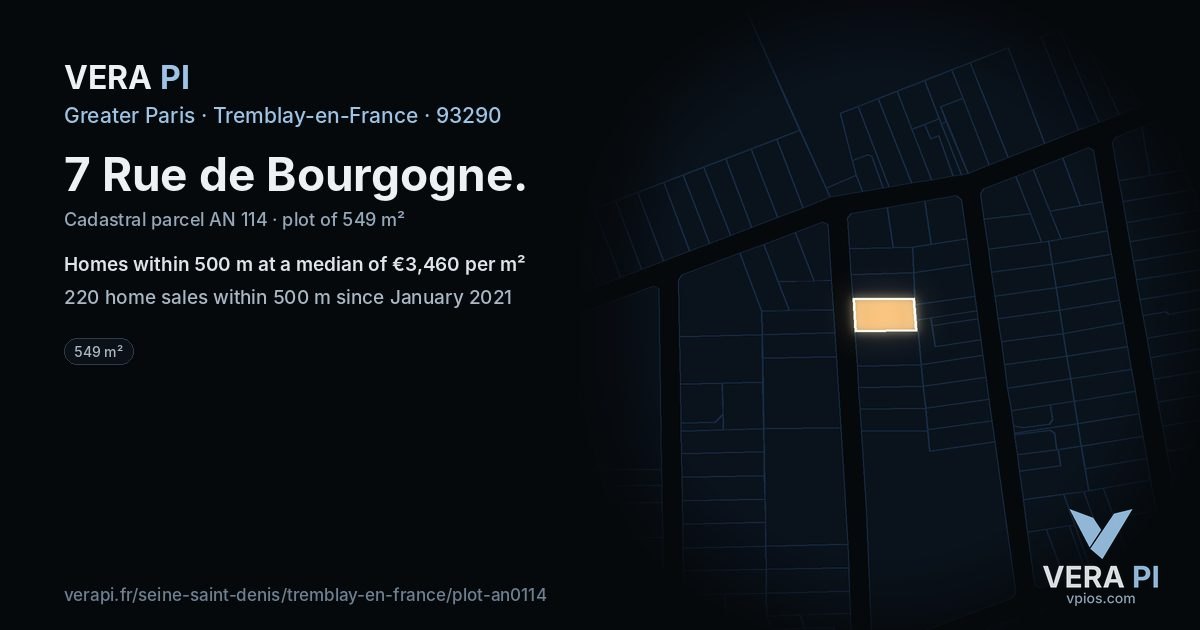 7 Rue de Bourgogne, Tremblay-en-France at night – the plot lit, the parcels around coloured by the prices near them