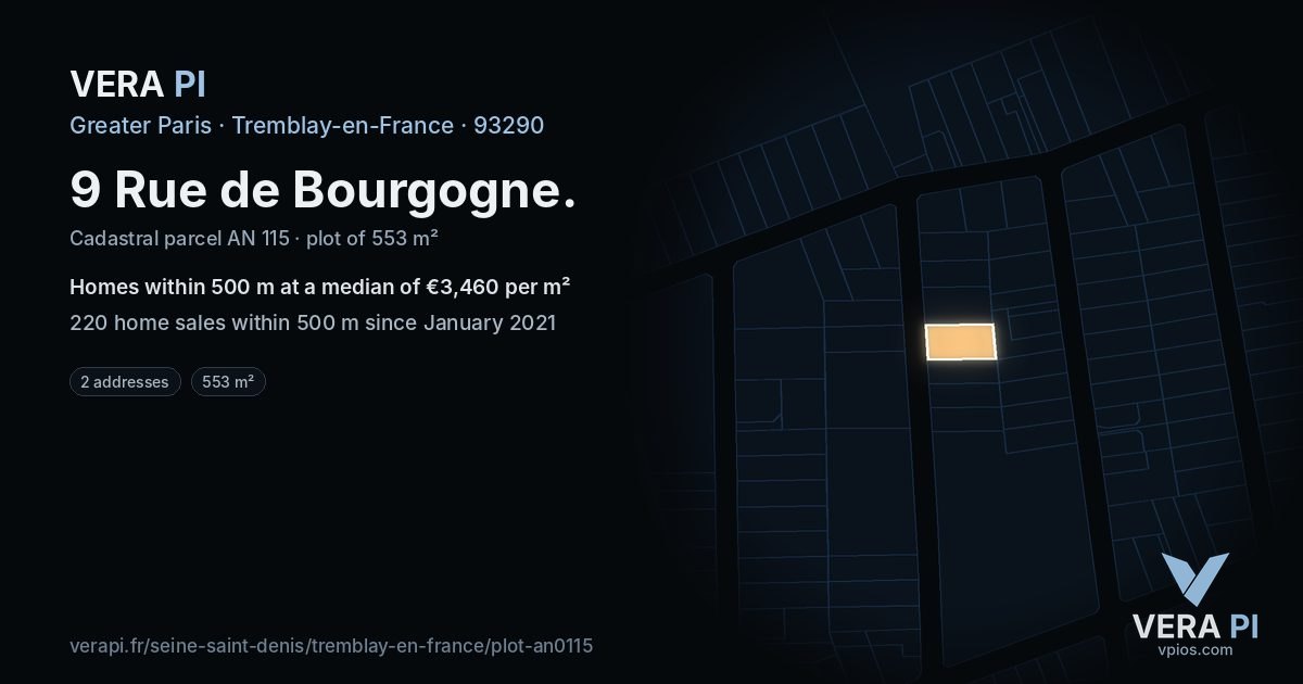 9 Rue de Bourgogne, Tremblay-en-France at night – the plot lit, the parcels around coloured by the prices near them