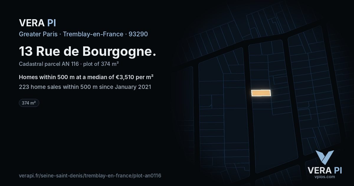13 Rue de Bourgogne, Tremblay-en-France at night – the plot lit, the parcels around coloured by the prices near them