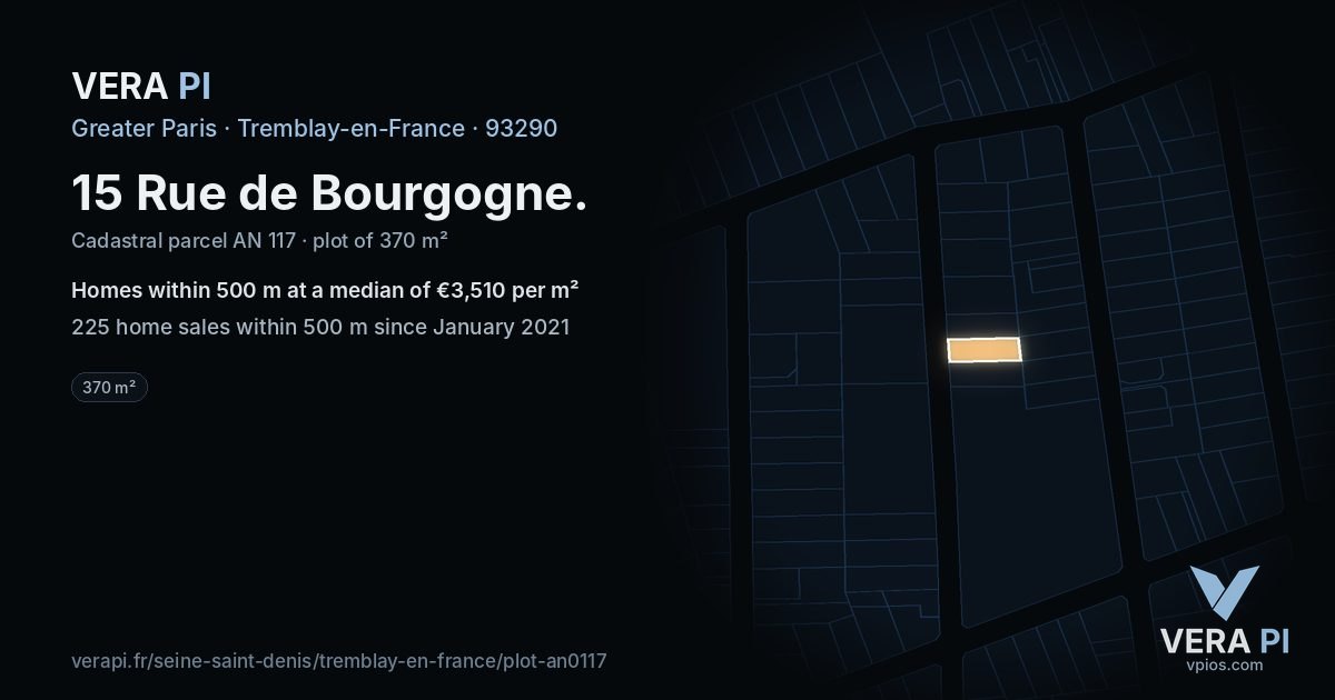 15 Rue de Bourgogne, Tremblay-en-France at night – the plot lit, the parcels around coloured by the prices near them