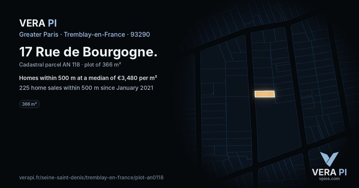 17 Rue de Bourgogne, Tremblay-en-France at night – the plot lit, the parcels around coloured by the prices near them