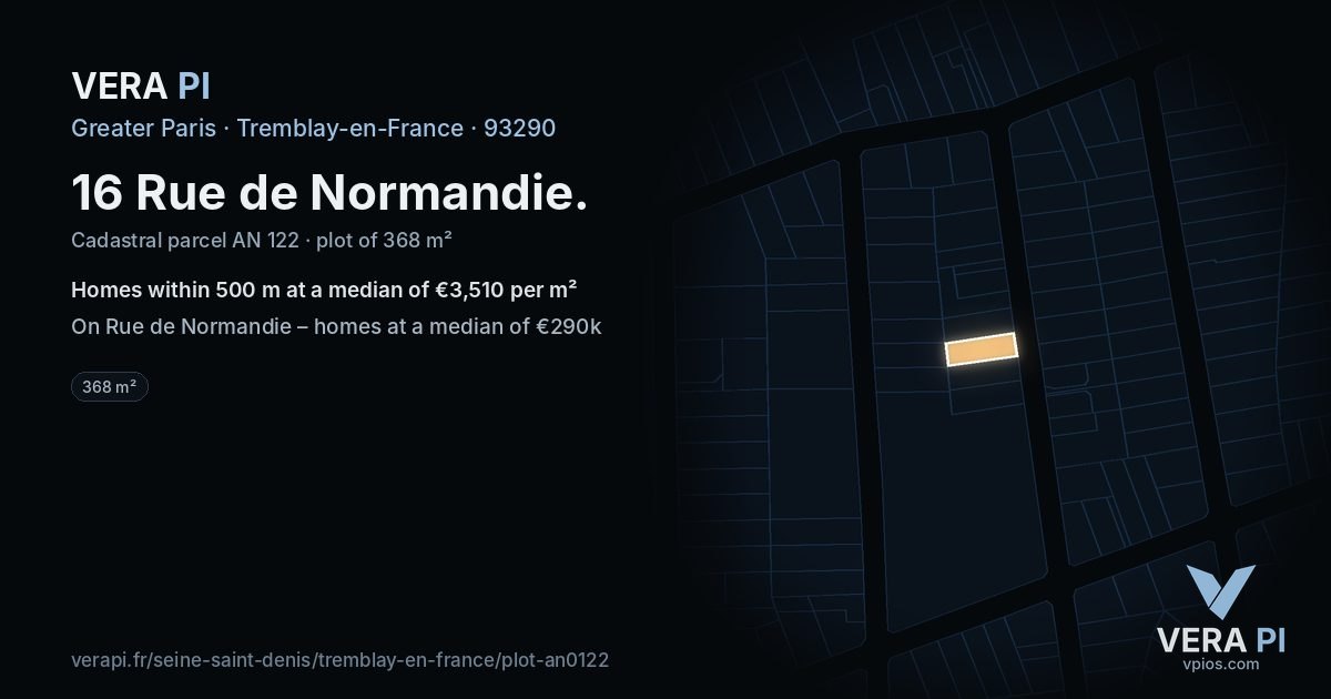 16 Rue de Normandie, Tremblay-en-France at night – the plot lit, the parcels around coloured by the prices near them