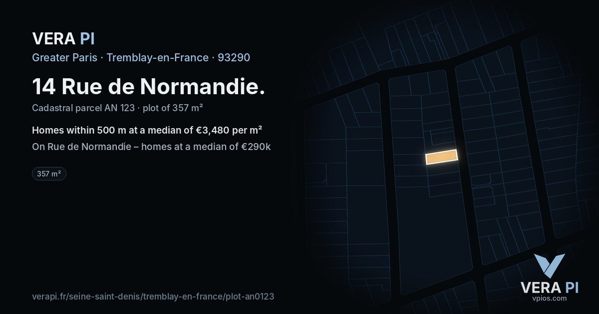 14 Rue de Normandie, Tremblay-en-France at night – the plot lit, the parcels around coloured by the prices near them
