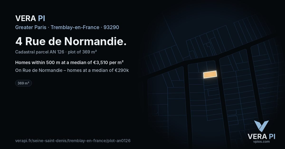 4 Rue de Normandie, Tremblay-en-France at night – the plot lit, the parcels around coloured by the prices near them