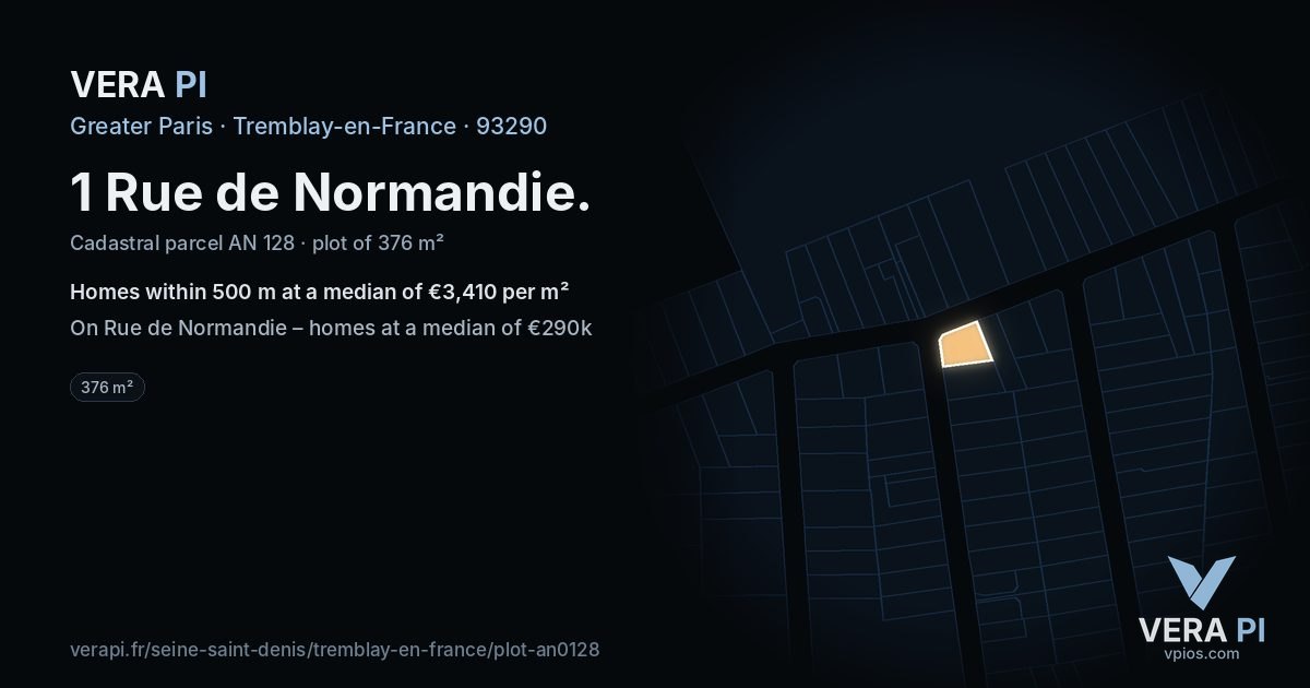 1 Rue de Normandie, Tremblay-en-France at night – the plot lit, the parcels around coloured by the prices near them