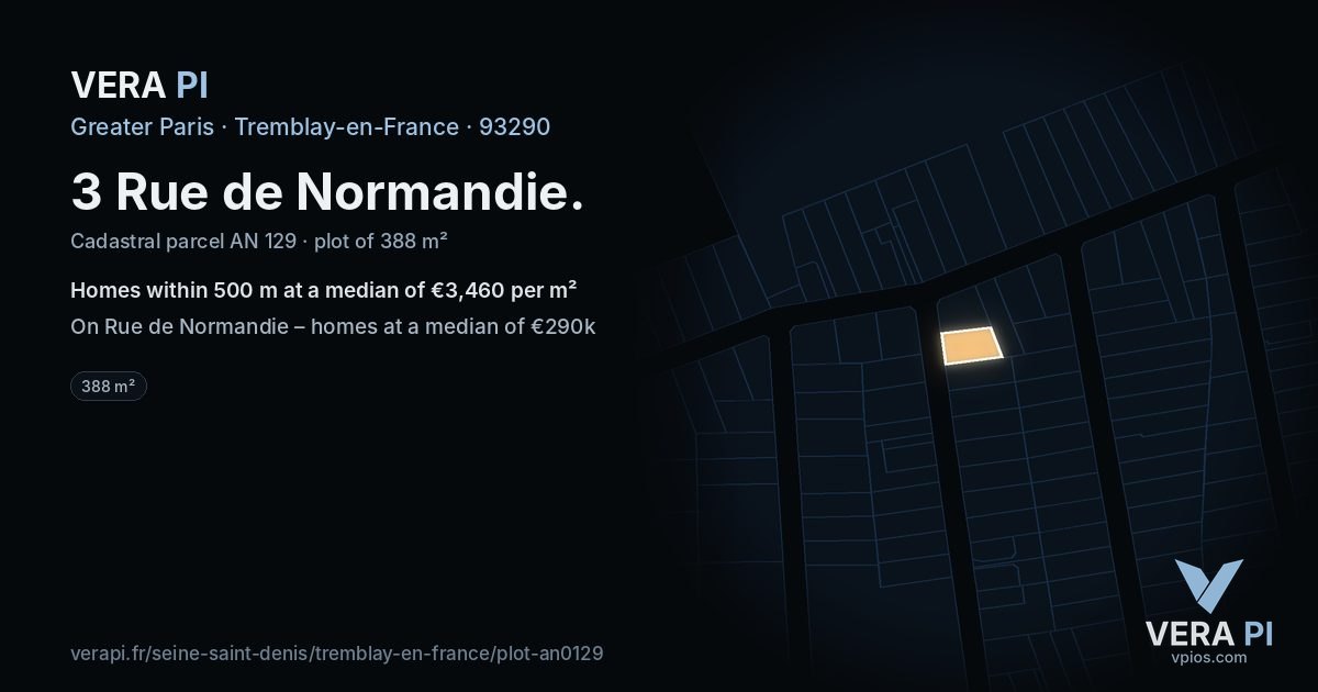 3 Rue de Normandie, Tremblay-en-France at night – the plot lit, the parcels around coloured by the prices near them