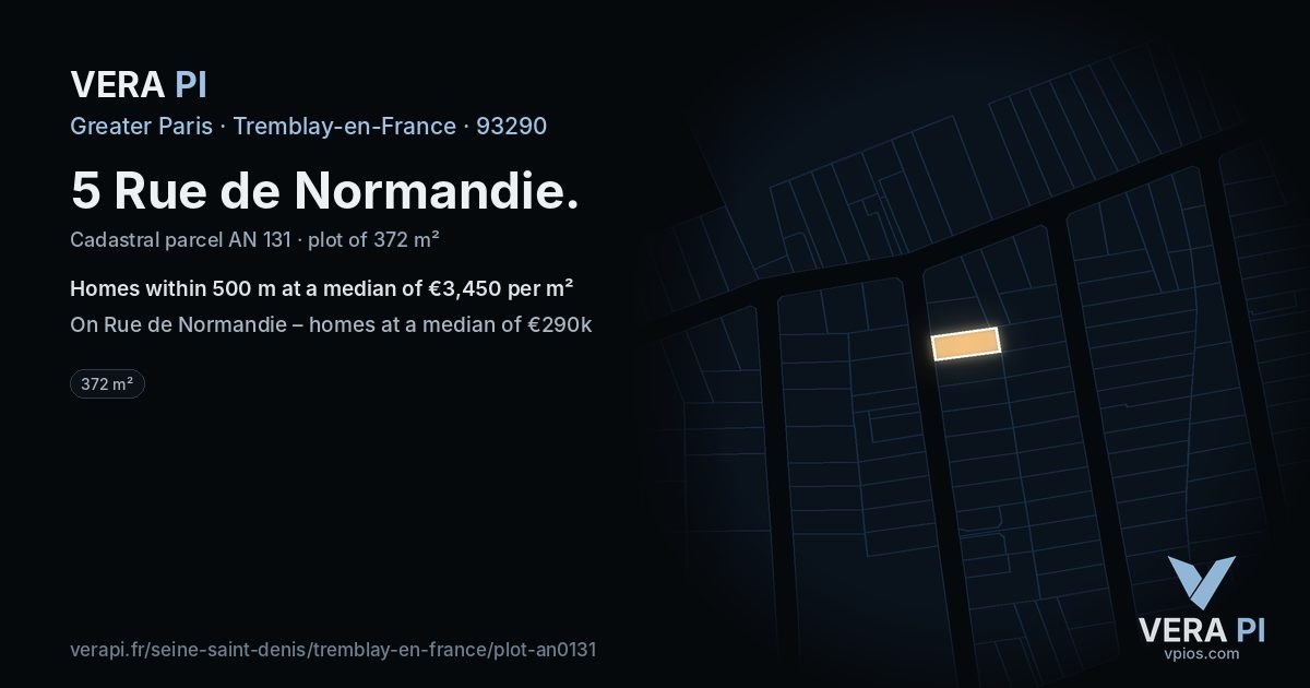 5 Rue de Normandie, Tremblay-en-France at night – the plot lit, the parcels around coloured by the prices near them
