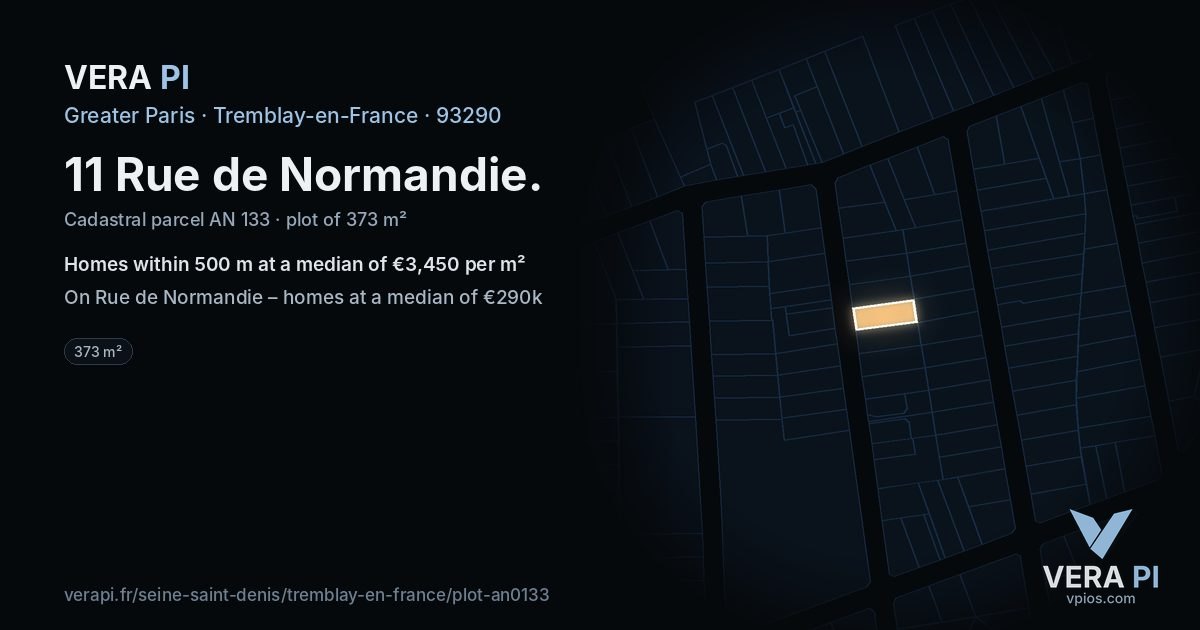 11 Rue de Normandie, Tremblay-en-France at night – the plot lit, the parcels around coloured by the prices near them