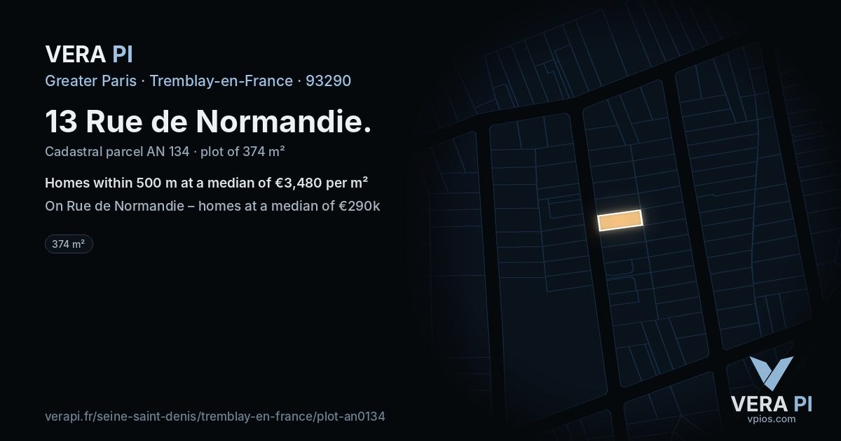 13 Rue de Normandie, Tremblay-en-France at night – the plot lit, the parcels around coloured by the prices near them