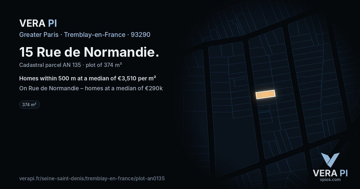 15 Rue de Normandie, Tremblay-en-France at night – the plot lit, the parcels around coloured by the prices near them