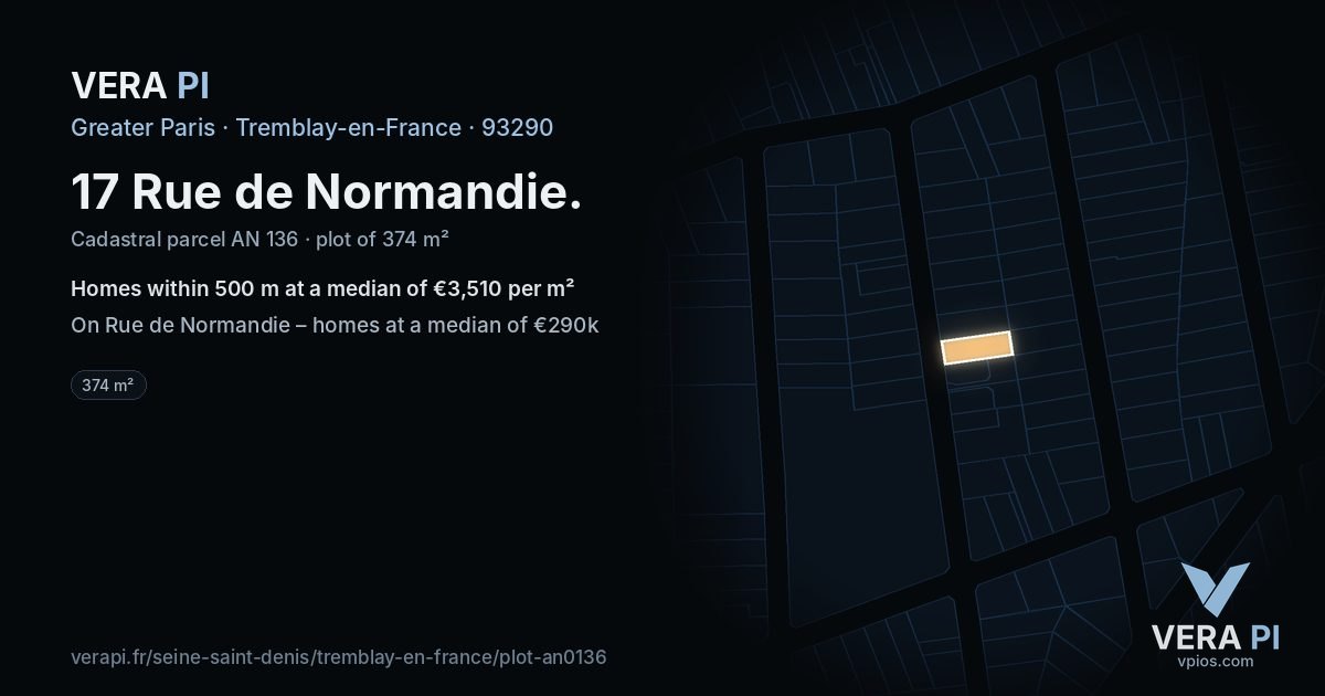 17 Rue de Normandie, Tremblay-en-France at night – the plot lit, the parcels around coloured by the prices near them
