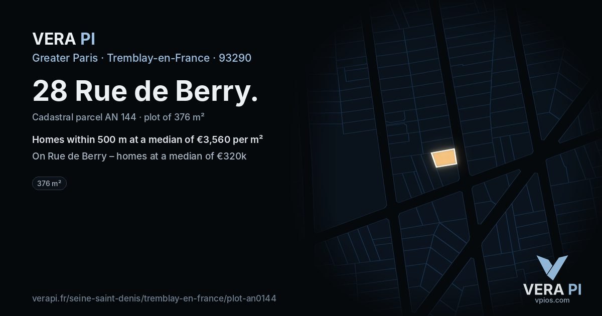 28 Rue de Berry, Tremblay-en-France at night – the plot lit, the parcels around coloured by the prices near them