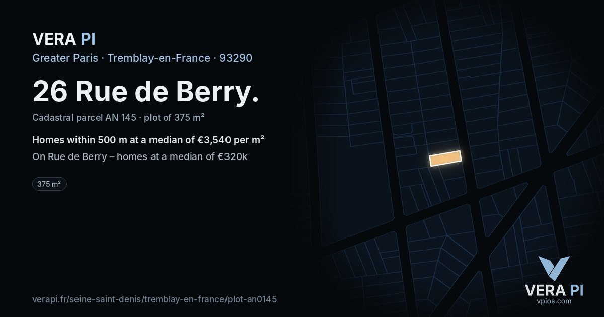 26 Rue de Berry, Tremblay-en-France at night – the plot lit, the parcels around coloured by the prices near them