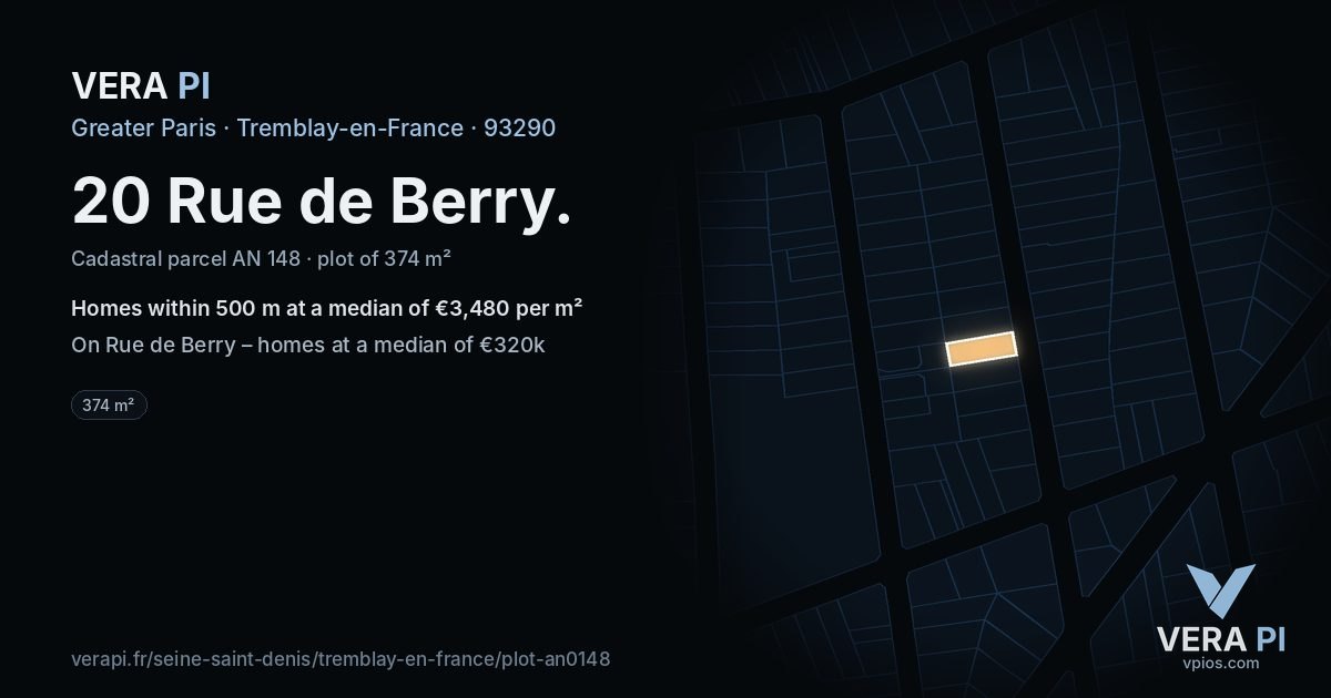 20 Rue de Berry, Tremblay-en-France at night – the plot lit, the parcels around coloured by the prices near them
