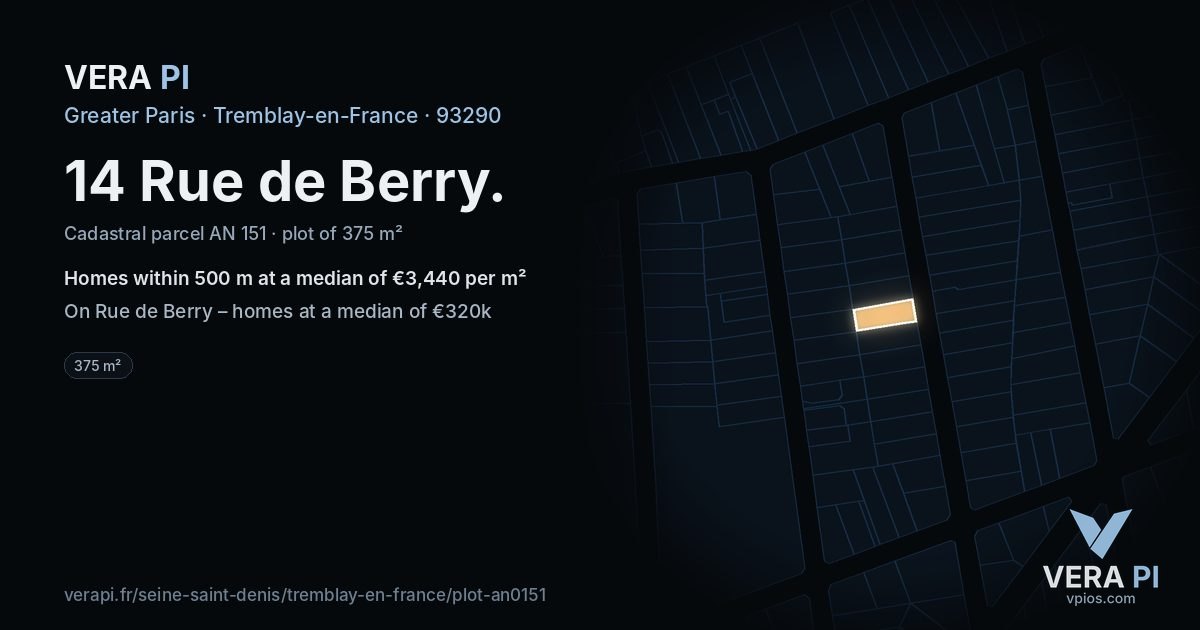14 Rue de Berry, Tremblay-en-France at night – the plot lit, the parcels around coloured by the prices near them