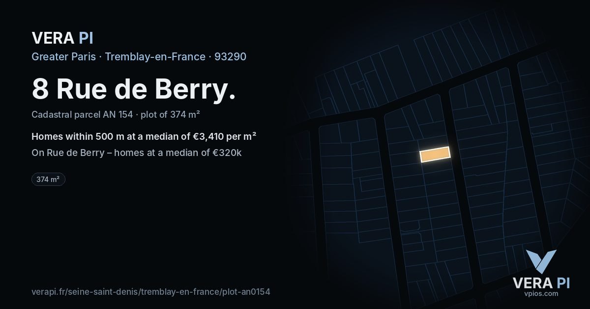 8 Rue de Berry, Tremblay-en-France at night – the plot lit, the parcels around coloured by the prices near them
