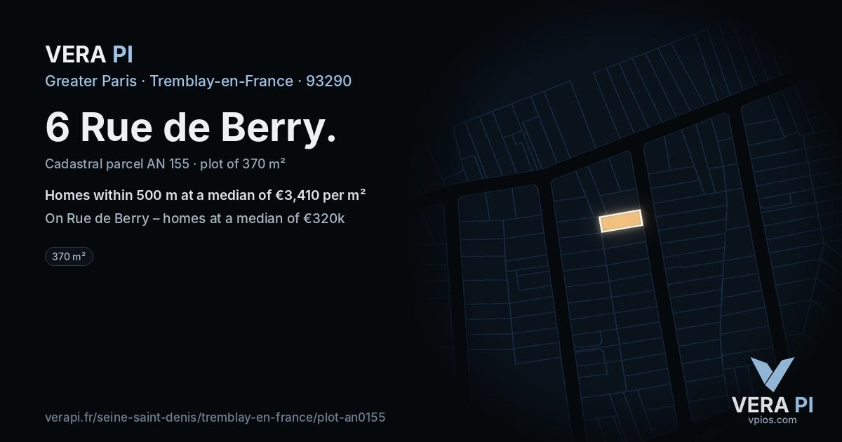 6 Rue de Berry, Tremblay-en-France at night – the plot lit, the parcels around coloured by the prices near them