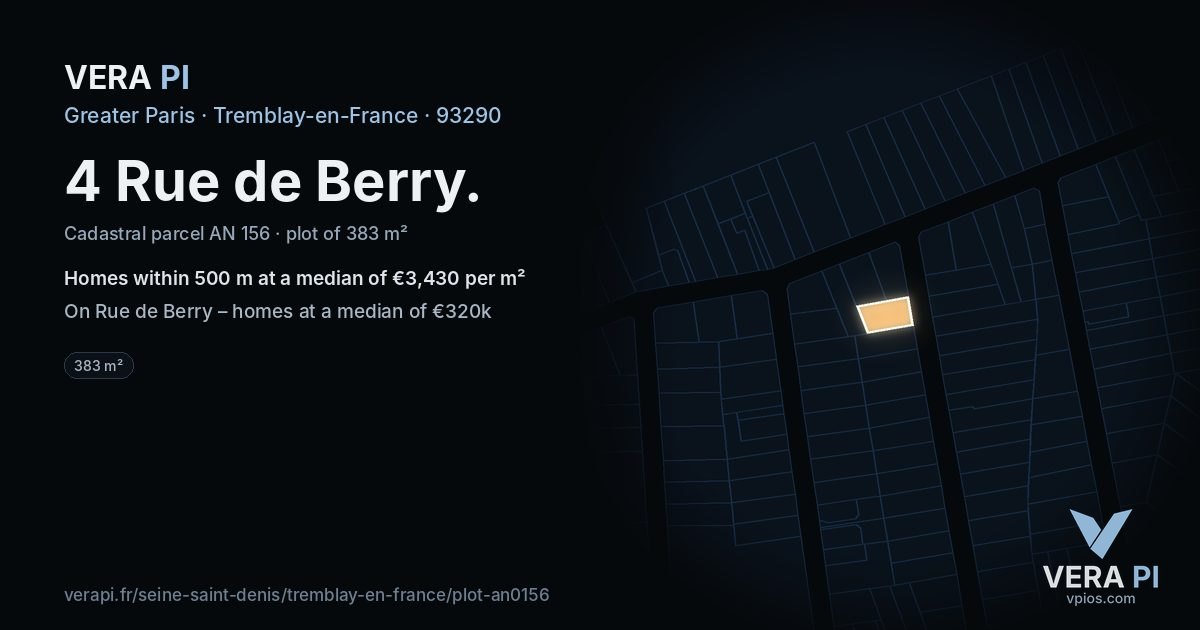 4 Rue de Berry, Tremblay-en-France at night – the plot lit, the parcels around coloured by the prices near them