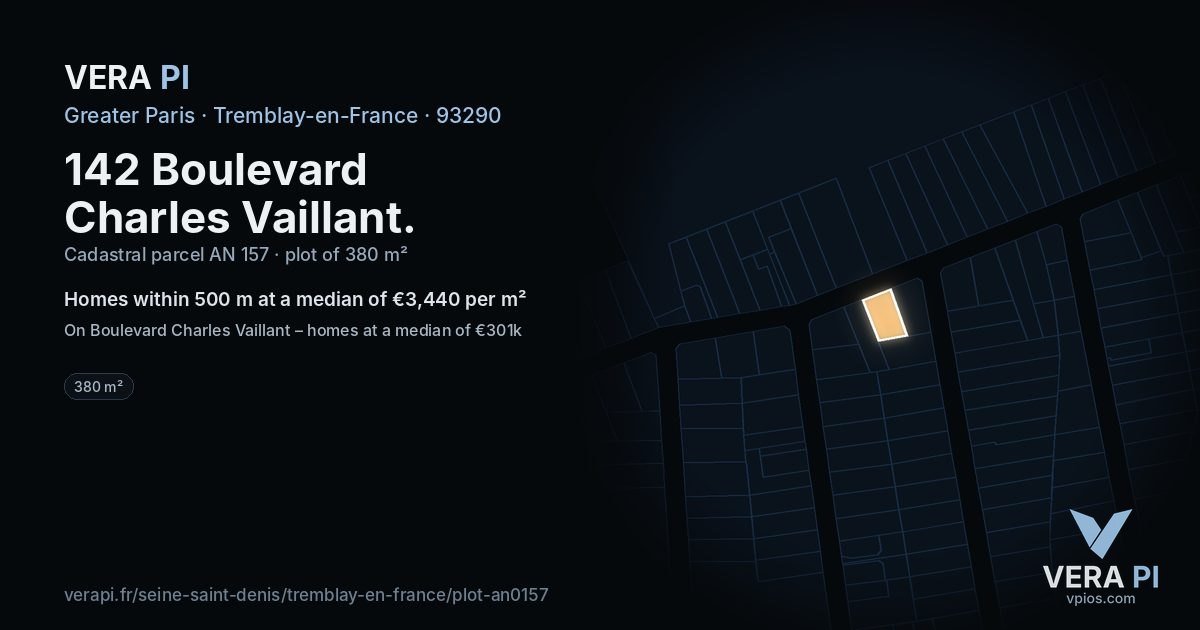 142 Boulevard Charles Vaillant, Tremblay-en-France at night – the plot lit, the parcels around coloured by the prices near them