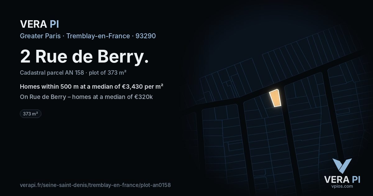 2 Rue de Berry, Tremblay-en-France at night – the plot lit, the parcels around coloured by the prices near them