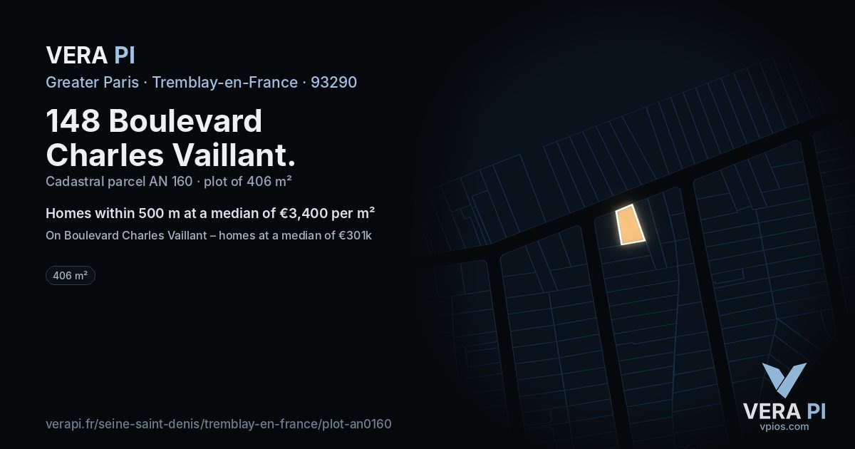 148 Boulevard Charles Vaillant, Tremblay-en-France at night – the plot lit, the parcels around coloured by the prices near them
