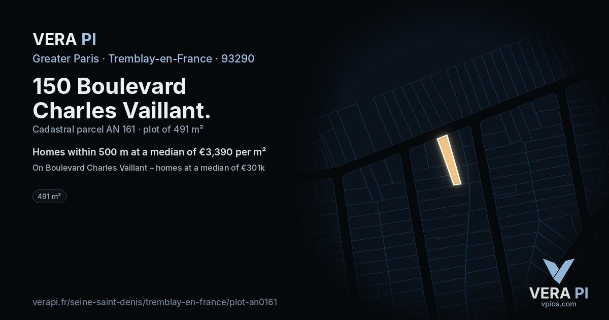 150 Boulevard Charles Vaillant, Tremblay-en-France at night – the plot lit, the parcels around coloured by the prices near them