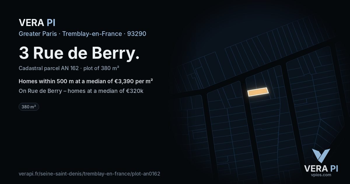 3 Rue de Berry, Tremblay-en-France at night – the plot lit, the parcels around coloured by the prices near them