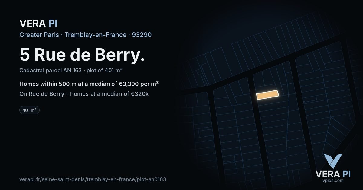 5 Rue de Berry, Tremblay-en-France at night – the plot lit, the parcels around coloured by the prices near them
