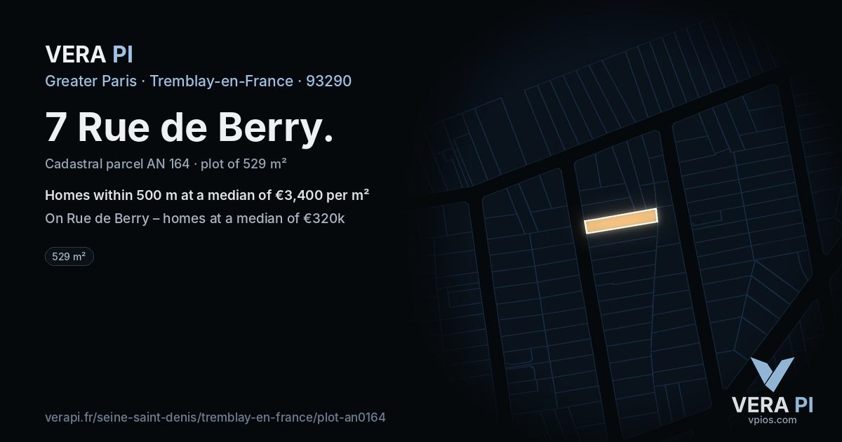 7 Rue de Berry, Tremblay-en-France at night – the plot lit, the parcels around coloured by the prices near them