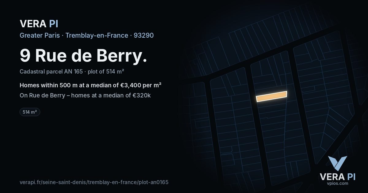 9 Rue de Berry, Tremblay-en-France at night – the plot lit, the parcels around coloured by the prices near them