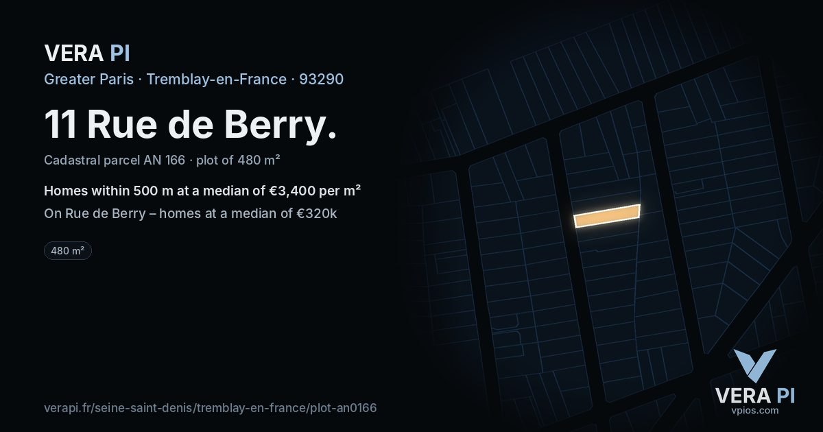 11 Rue de Berry, Tremblay-en-France at night – the plot lit, the parcels around coloured by the prices near them