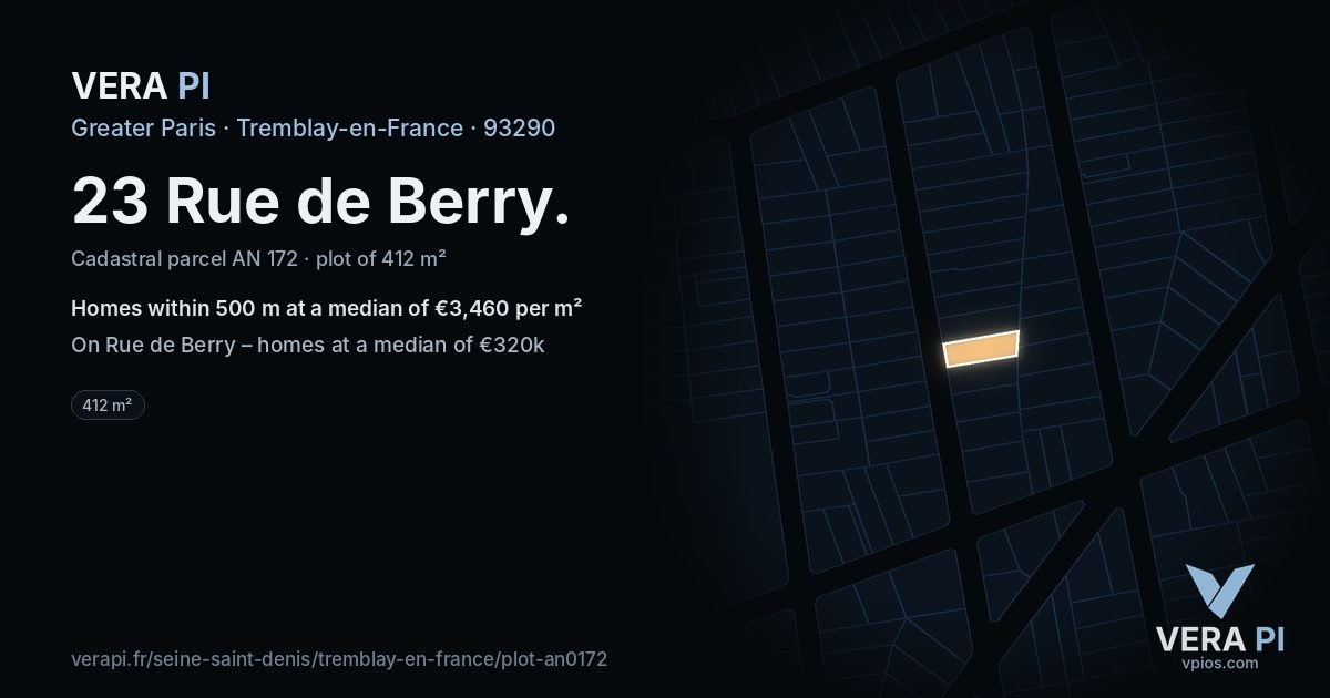 23 Rue de Berry, Tremblay-en-France at night – the plot lit, the parcels around coloured by the prices near them