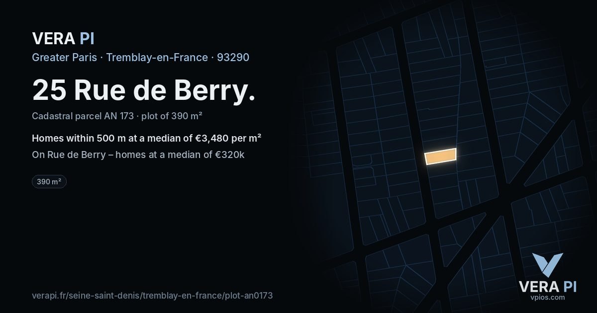 25 Rue de Berry, Tremblay-en-France at night – the plot lit, the parcels around coloured by the prices near them