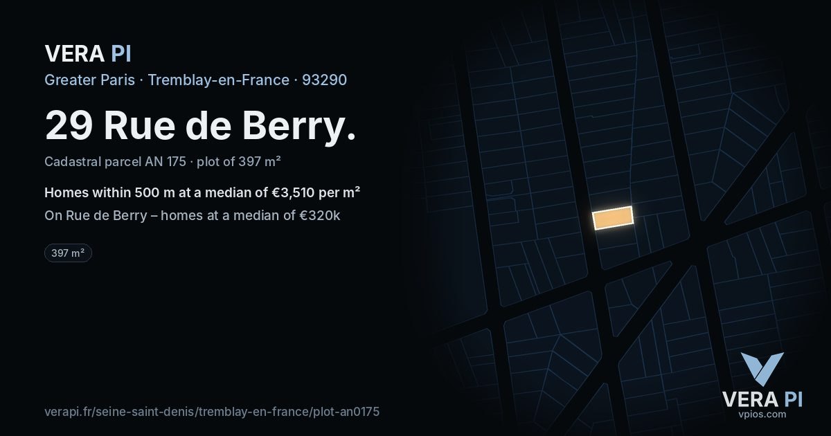 29 Rue de Berry, Tremblay-en-France at night – the plot lit, the parcels around coloured by the prices near them