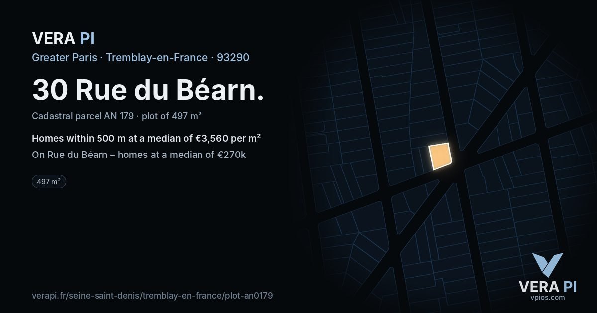 30 Rue du Béarn, Tremblay-en-France at night – the plot lit, the parcels around coloured by the prices near them