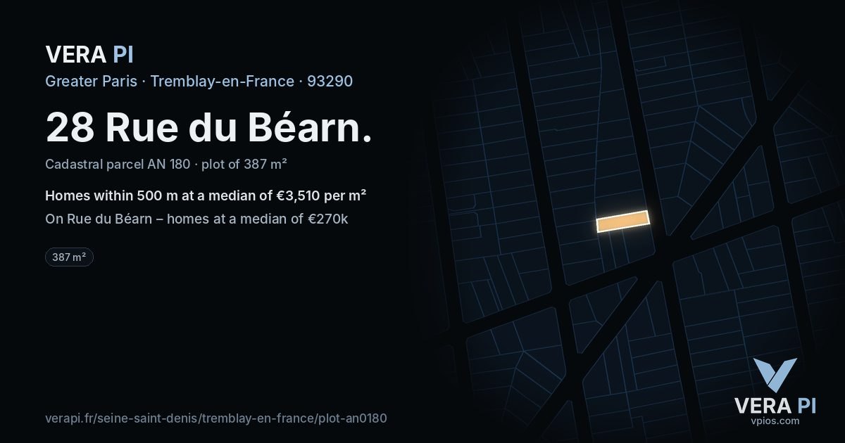 28 Rue du Béarn, Tremblay-en-France at night – the plot lit, the parcels around coloured by the prices near them
