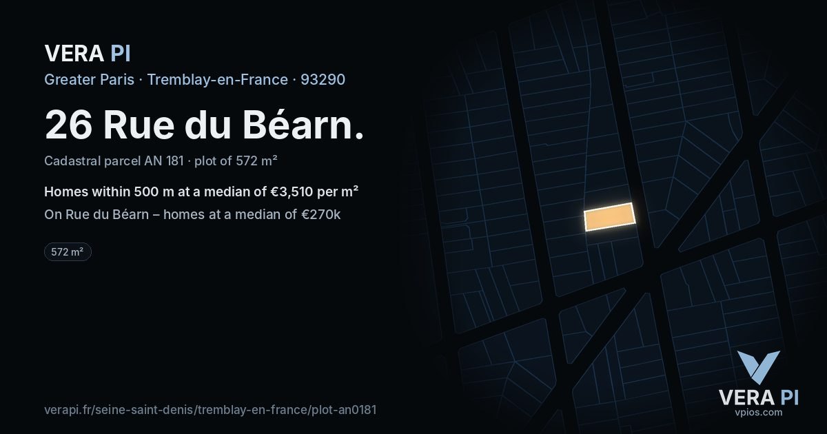 26 Rue du Béarn, Tremblay-en-France at night – the plot lit, the parcels around coloured by the prices near them